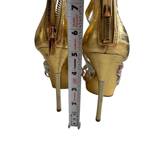 MICHAEL KORS Metallic Rose Gold Silver Leather Platform Sandals Heels Size 7.5 - Picture 3 of 11